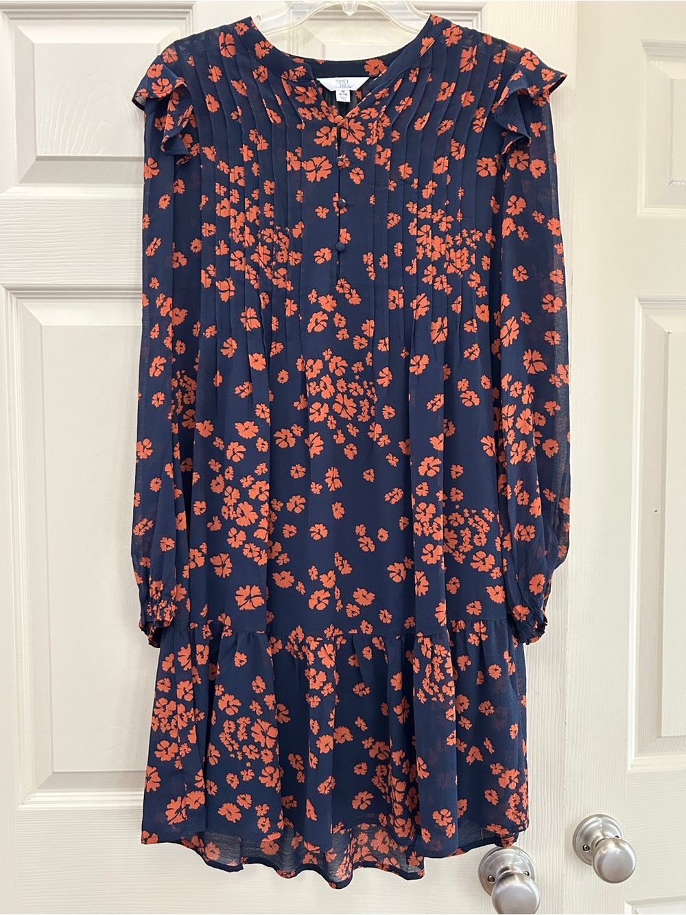 Time & Tru Navy Long Sleeve Dress with Orange Floral Print